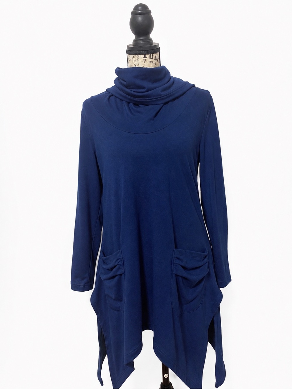 August Silk Navy Cowl Neck Tunic Top | Asymmetrical Hem | Pockets | Small